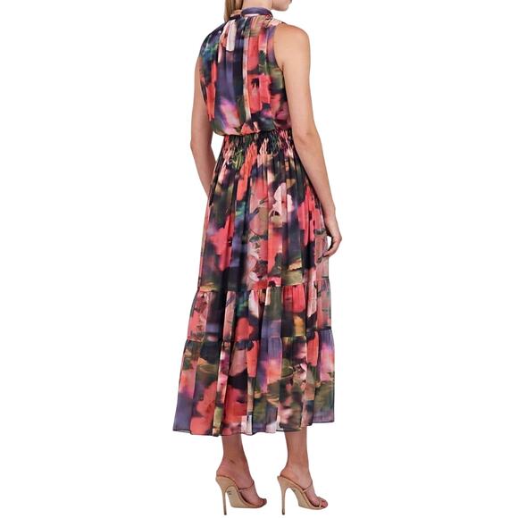 Kay Unger Leilani Hibiscus Print Blouson Maxi $388 Dress in Bright Coral Size 8 - Picture 2 of 8